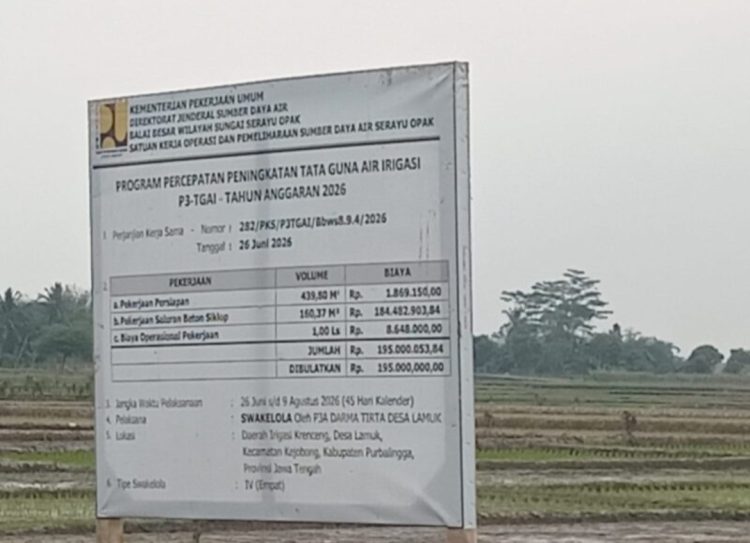 Proyek irigasi Program Percepatan Peningkatan Tata Guna Air Irigasi (P3-GAI) di Desa Lamuk, Kecamatan Kejobong, Kabupaten Purbalingga