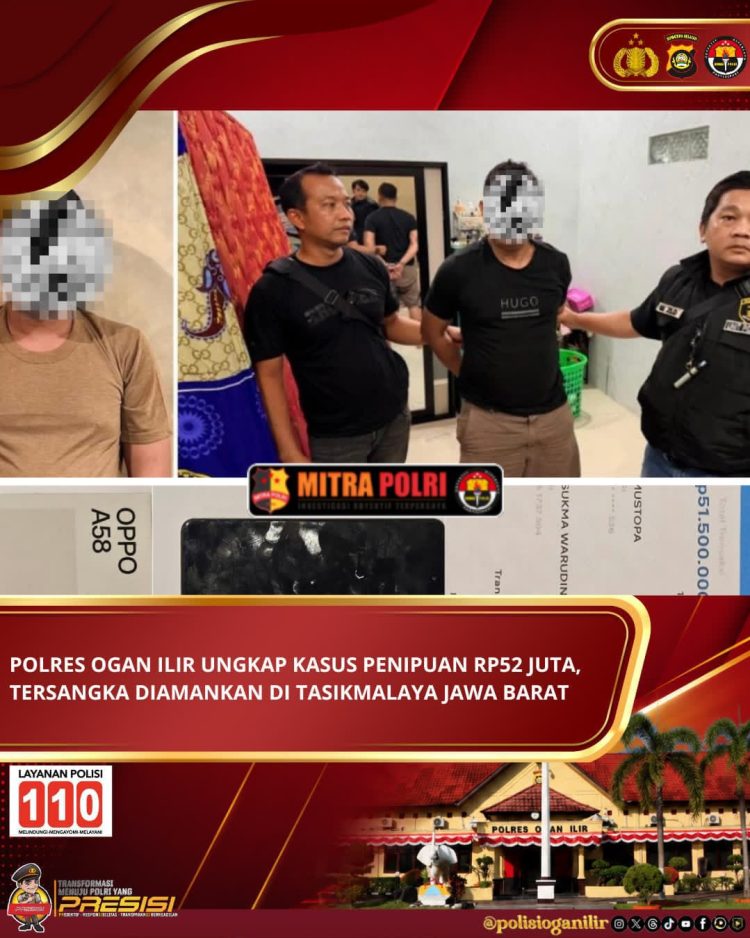 Unit Pidsus Satuan Reserse Kriminal Polres Ogan Ilir berhasil mengungkap kasus dugaan tindak pidana penipuan yang mengakibatkan korban mengalami kerugian lebih dari Rp52 juta. Seorang pria berinisial IW (34) berhasil diamankan petugas di wilayah Kabupaten Tasikmalaya, Provinsi Jawa Barat.