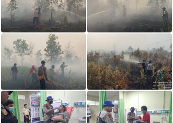 Personel Ditpolairud Polda Kalteng, Aipda Yadi Supiandi, bersama Satgas Posko Tanggap Darurat Bencana Karhutla dan Kekeringan melaksanakan kegiatan pemadaman kebakaran hutan dan lahan di Jalan Moh. Hatta Lingkar Selatan, Kompleks Perumahan Borneo. Kotawaringin Timur. Senin (14/9/2026, sekitar pukul 17.00 WIB)