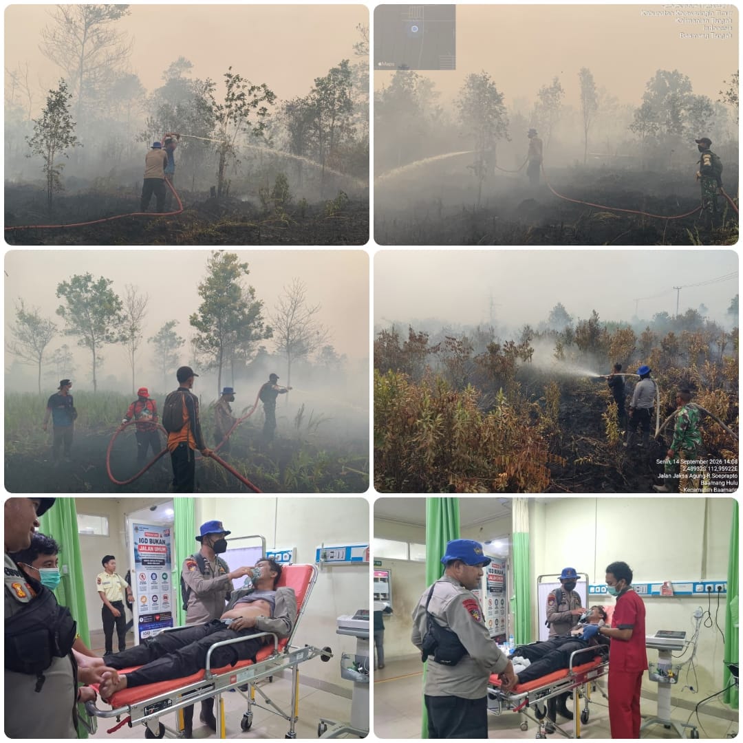 Personel Ditpolairud Polda Kalteng, Aipda Yadi Supiandi, bersama Satgas Posko Tanggap Darurat Bencana Karhutla dan Kekeringan melaksanakan kegiatan pemadaman kebakaran hutan dan lahan di Jalan Moh. Hatta Lingkar Selatan, Kompleks Perumahan Borneo. Kotawaringin Timur. Senin (14/9/2026, sekitar pukul 17.00 WIB)