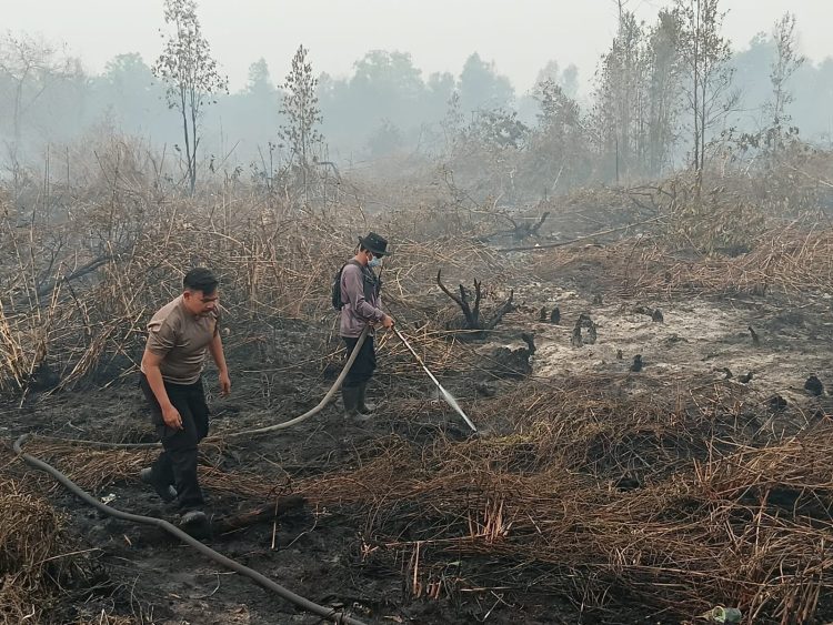 Polsek Pahandut bergerak melakukan pengecekan titik hotspot sekaligus pemadaman Kebakaran Hutan dan Lahan (Karhutla) di kawasan komplek pemakaman Jalan Tjilik Riwut Km 12, Kelurahan Bukit Tunggal, Kecamatan Jekan Raya.
