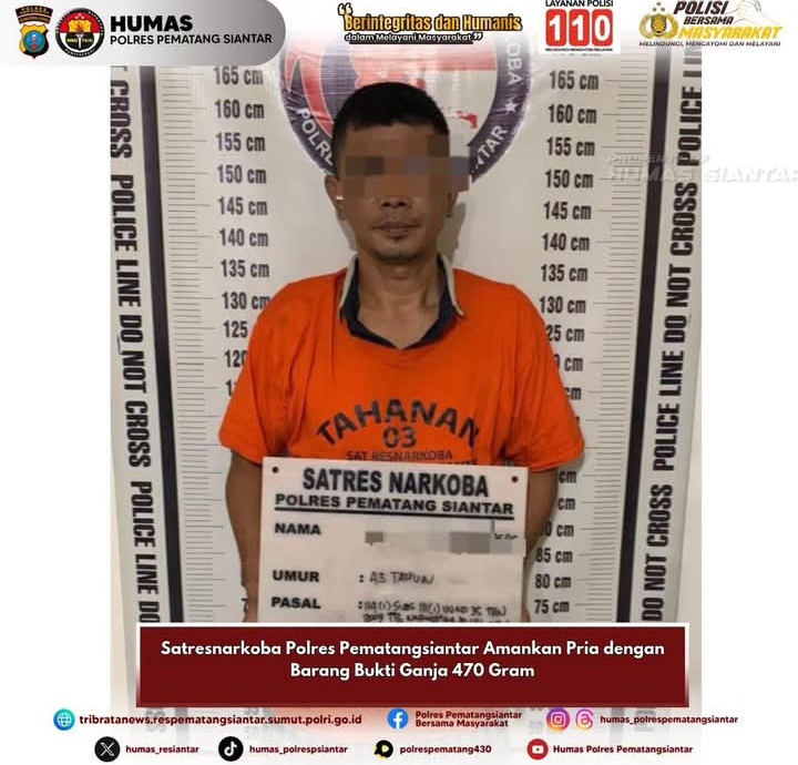 Pelaku seorang pria berinisial YHP (43), beserta barang bukti ganja seberat 470 gram bruto di Jalan Jati, Kelurahan Kahean, Kecamatan Siantar Utara, Kota Pematangsiantar, Senin (12/10/2026) sekitar pukul 18.20 WIB.