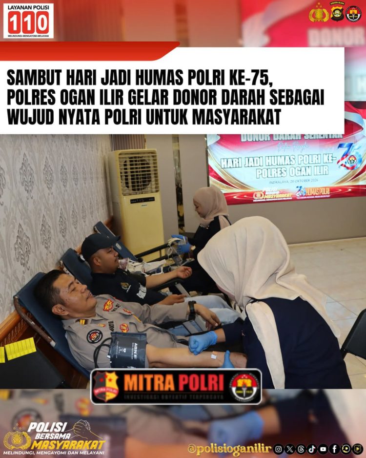 Polres Ogan Ilir melalui Seksi Humas menggelar kegiatan donor darah sebagai wujud nyata kepedulian Polri terhadap masyarakat. Kegiatan berlangsung di Aula Bhayangkari Polres Ogan Ilir, Selasa (20/10/2026), sekitar pukul 10.00 WIB.