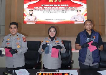Kapolres Ogan Ilir AKBP Rizka Aprianti,.S.H,.S.I.K,.M.H,. memimpin langsung rilis didampingi Kasat Reskrim AKP Rio Pranata Tarigan dan Kasi Humas Iptu Mansyur.Amd.Kep.S.H.