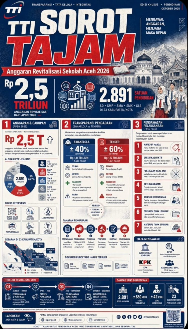 Transparansi Tender Indonesia (TTI) menyoroti besarnya alokasi anggaran sektor pendidikan di Aceh tahun 2026 yang berdasarkan data awal mencapai Rp4,44 triliun.
