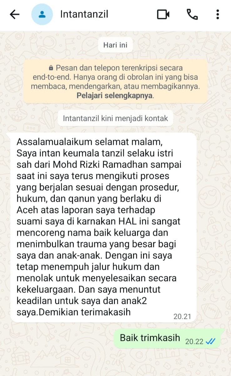 Pesan yang disampaikan Intan Keumala Tanzil selaku istri sah dari Mohd Rizki Ramadhan kepada Mitrapolri.com, Sabtu (31/10/26)