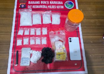Dari hasil penggeledahan di dua lokasi, polisi menemukan sebanyak 14 paket plastik klip berisi kristal putih yang diduga narkotika jenis sabu dengan berat kotor keseluruhan mencapai 304,1 gram.
