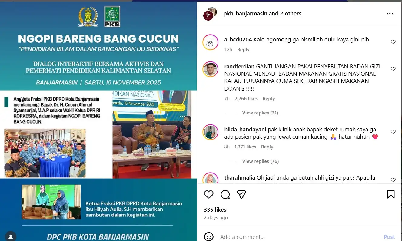 Polemik Pernyataan MBG Tak Perlu Ahli Gizi, Instagram Wakil Ketua DPR RI Cucun Syamsurijal "Dirujak" Netizen