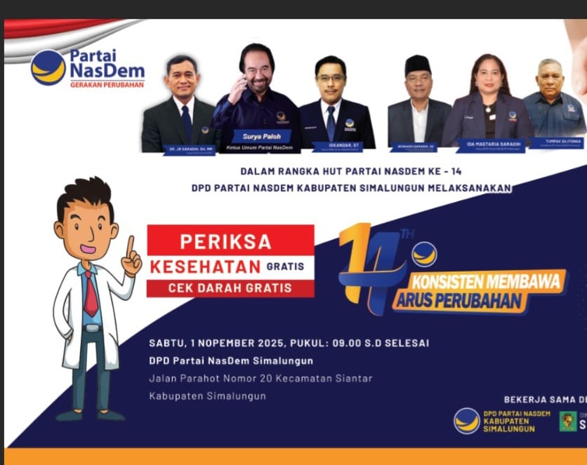 Ajak Masyarakat Peduli Kesehatan, DPD Partai NasDem Simalungun Gelar Pengobatan Gratis
