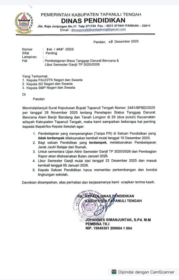 Plt Kadis Pendidikan Tapteng Keluarkan Surat Pemberitahuan Pelaksanaan Pendidikan Masa Tanggap Darurat