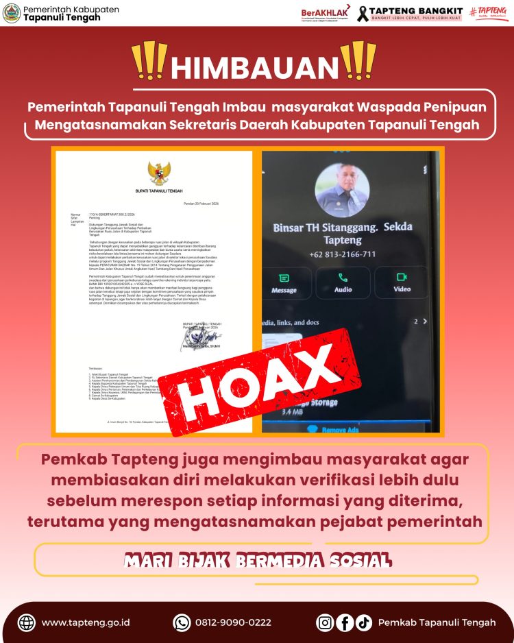 Sekdakab Tapteng, Imbau Masyarakat Waspada Penipuan Mengatasnamakan Sekretaris Daerah Kabupaten Tapanuli Tengah Sekdakab Tapteng, Imbau Masyarakat Waspada Penipuan Mengatasnamakan Sekretaris Daerah Kabupaten Tapanuli Tengah