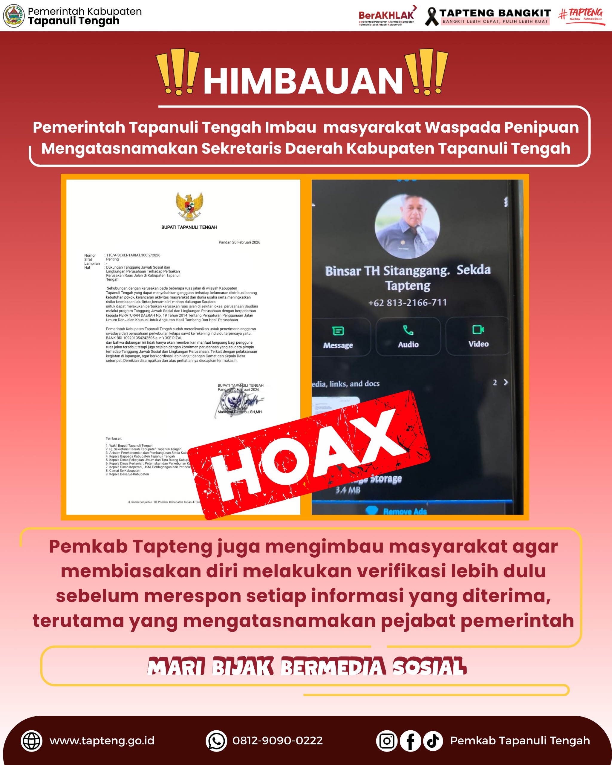 Sekdakab Tapteng, Imbau Masyarakat Waspada Penipuan Mengatasnamakan Sekretaris Daerah Kabupaten Tapanuli Tengah
