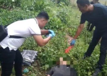TKP sosok mayat Aiptu (Purn) PGM ditemukan di Jalan samping praktik kusuk lulur Amor Tanjung Pinggir (TP)