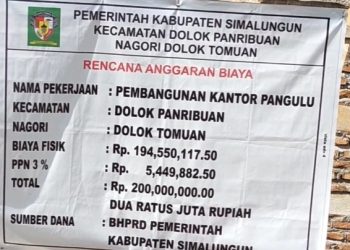 Plang pembangunan kantor Pangulu Nagori Dolok Tomuan, Kecamatan Dolok Panribuan bukti OPD penyelenggara kegiatan abu abu