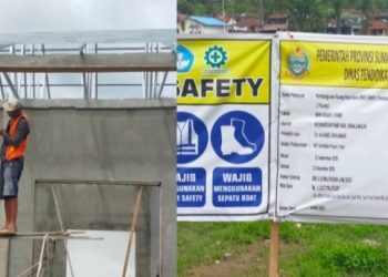 Plang proyek pembangunan RKB SMKN 1 Panei dan pekerja tidak pakai APD