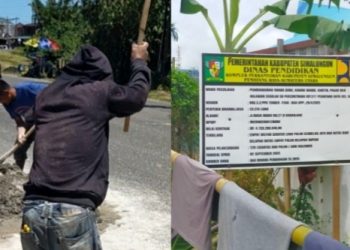 Pekerja CV Eva Lina tak menggunakan APD dan plang proyek milik Dinas Pendidikan Kabupaten Simalungun