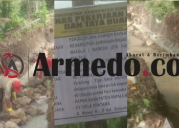 Fakta lapangan proyek rehabilitasi jaringan irigasi kondisi terendam air dan plang kegiatan CV Delta Pratama