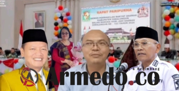 Ketua DPRD Sugiarto, Setwan Justina, Ketua Komisi II Maraden, Bupati Anton dengan latar belakang suasana rapat Paripurna