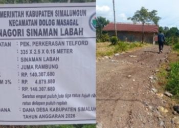 Papan proyek Telford dana desa Sinaman Labah dan tim investigasi di lokasi