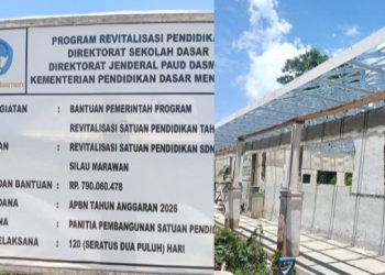 Papan informasi kegiatan dan pengerjaan revitalisasi yang pelaksananya ditunjuk orang Dinas Pendidikan