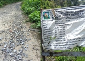 Kericak rabat beton kondisi merotol dan papan informasi proyek Dana Desa 2025 Nagori Purba Pasir