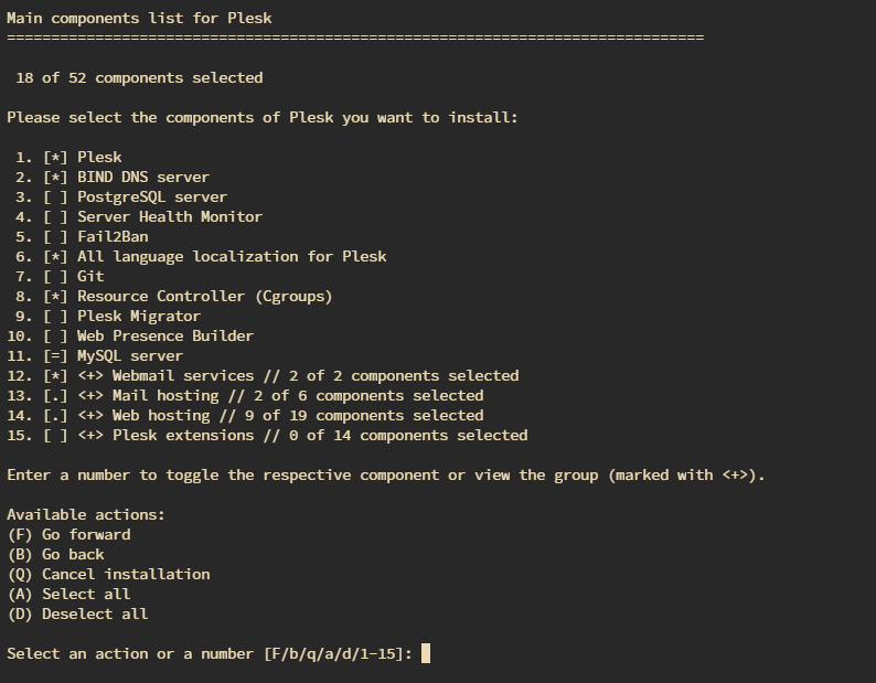 Contoh dalam memilih komponen Plesk