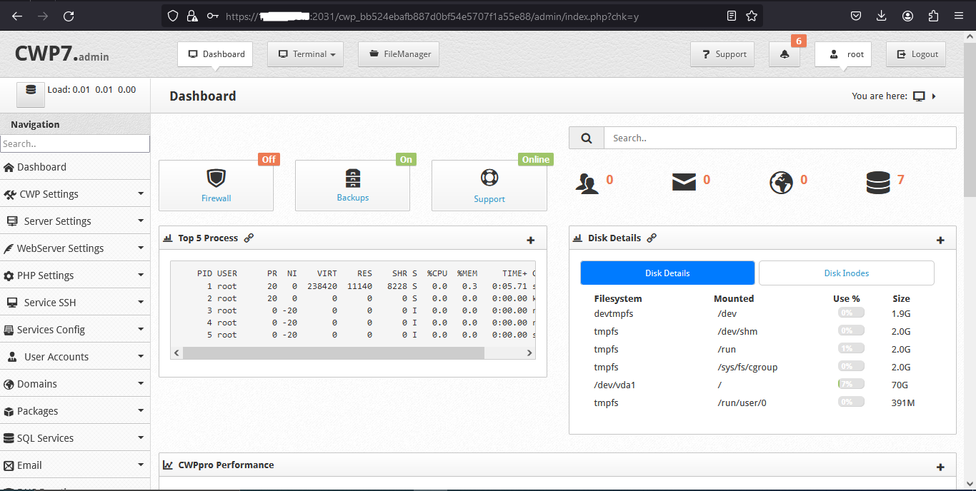 Tampilan Dashboard Control Web Panel