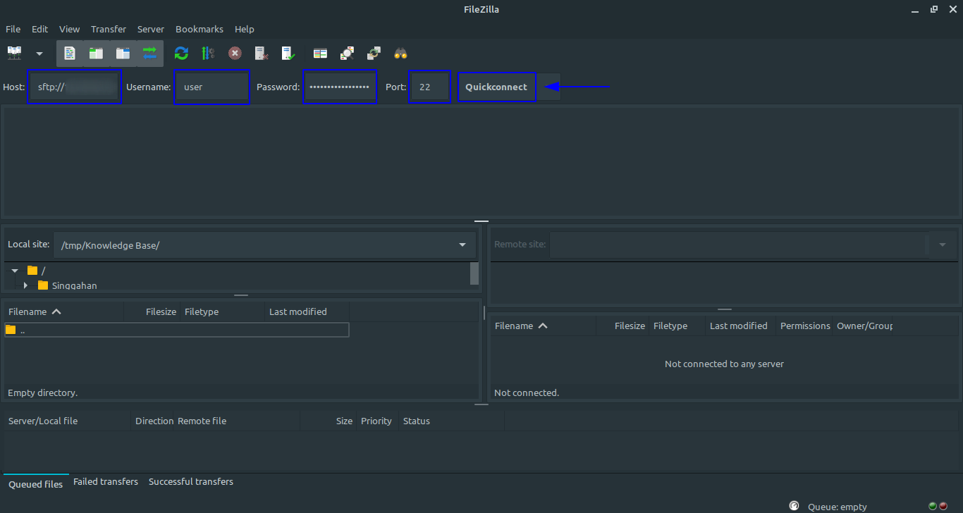 Konfigurasi koneksi SFTP pada FileZilla