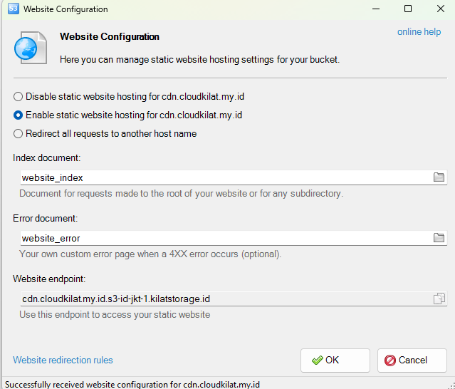 Mengaktifkan Website Configuration pada Bucket
