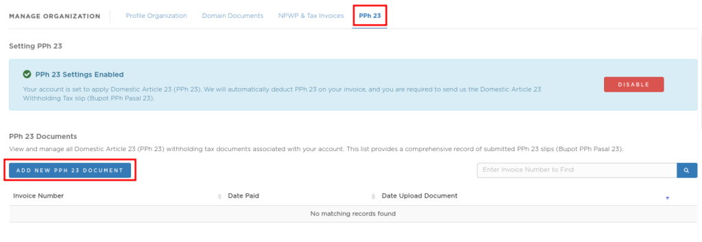 Submenu PPh 23 dan Tombol Add New PPh 23 Document