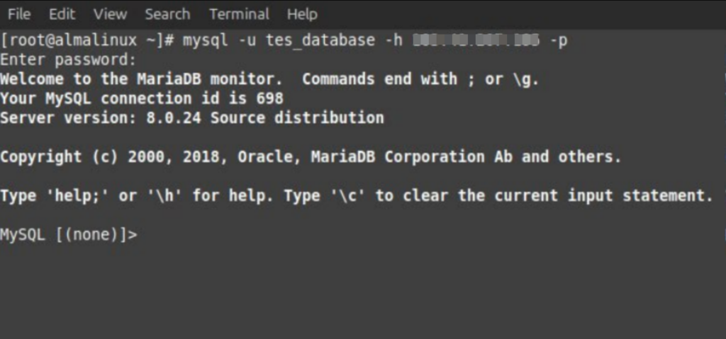 Hasil uji koneksi database dari server luar