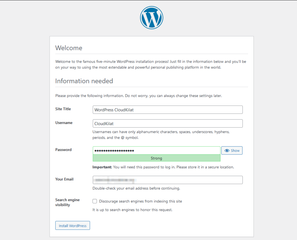 Informasi yang diperlukan untuk instalasi WordPress