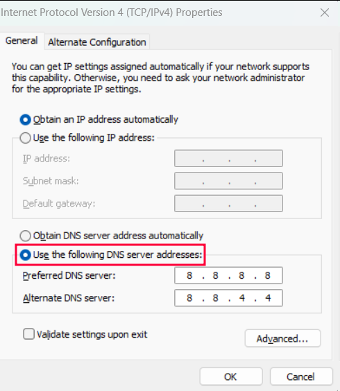 Gambar 4. Tampilan TCP/IPv4 Properties untuk mengubah DNS Server