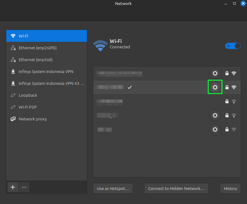 Gambar 7. Tombol setting salah satu koneksi pada Linux Mint