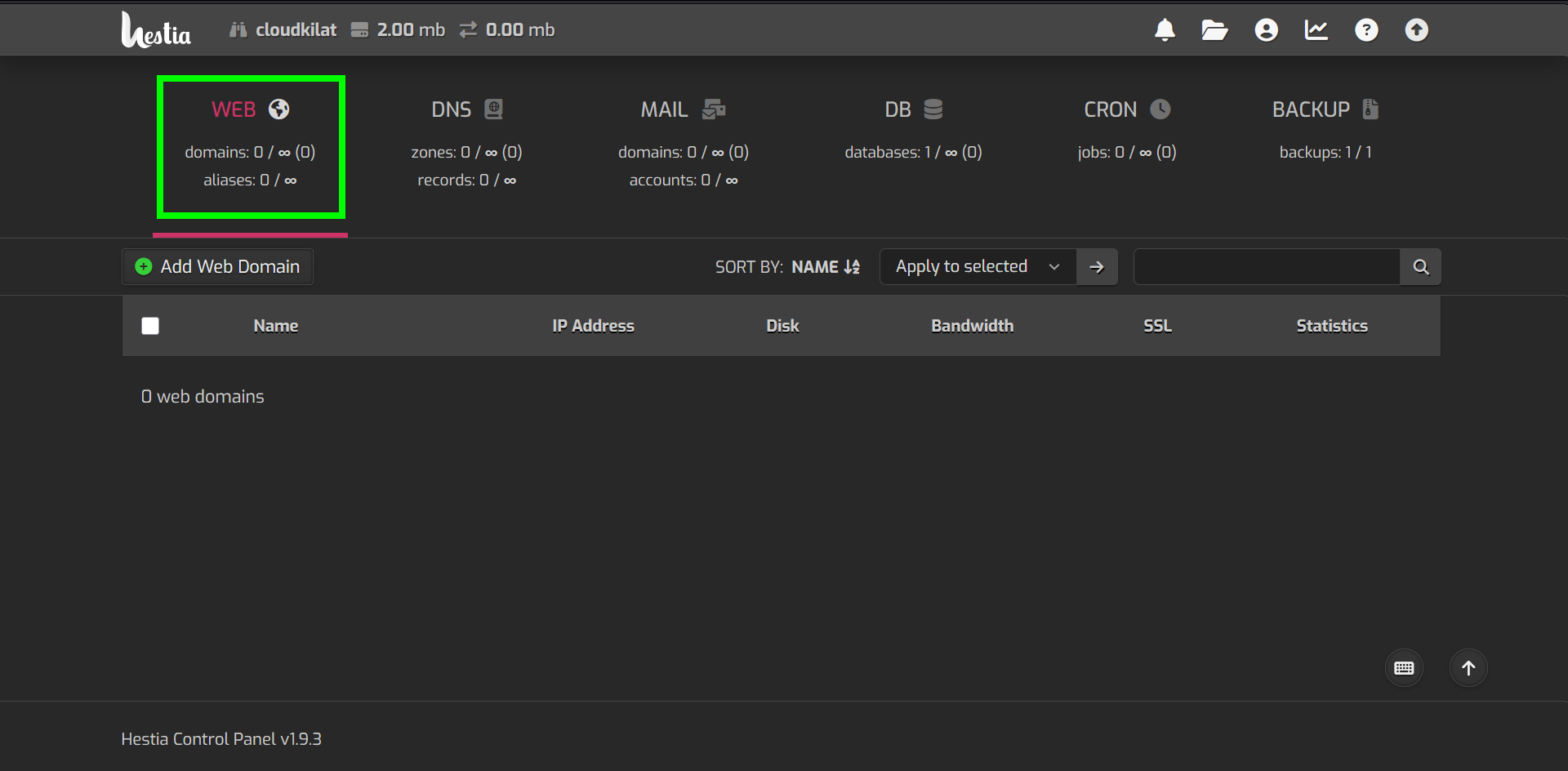 Tampilan dashboard HestiaCP dengan menu Web