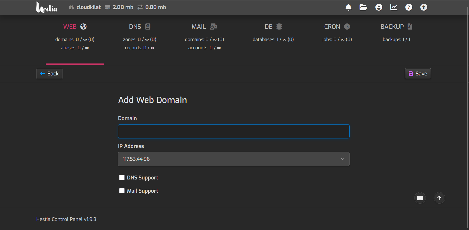 Tampilan tombol Add Web Domain di HestiaCP