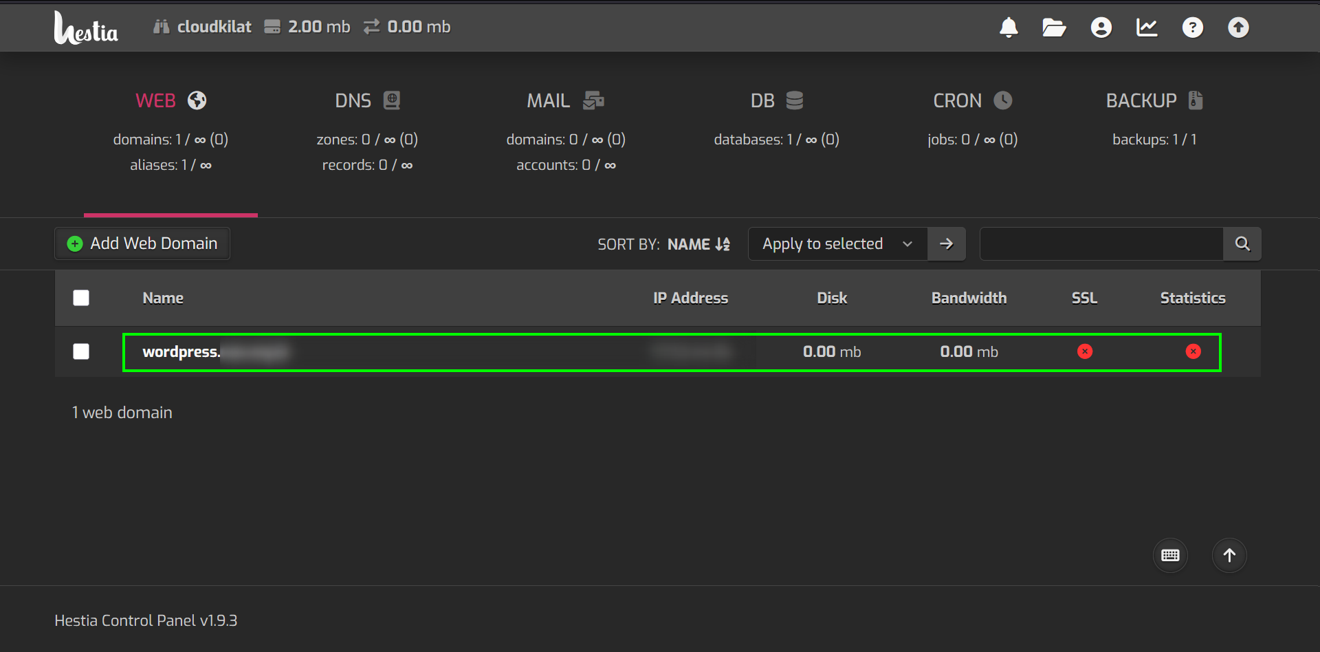 Tampilan domain baru yang berhasil ditambahkan