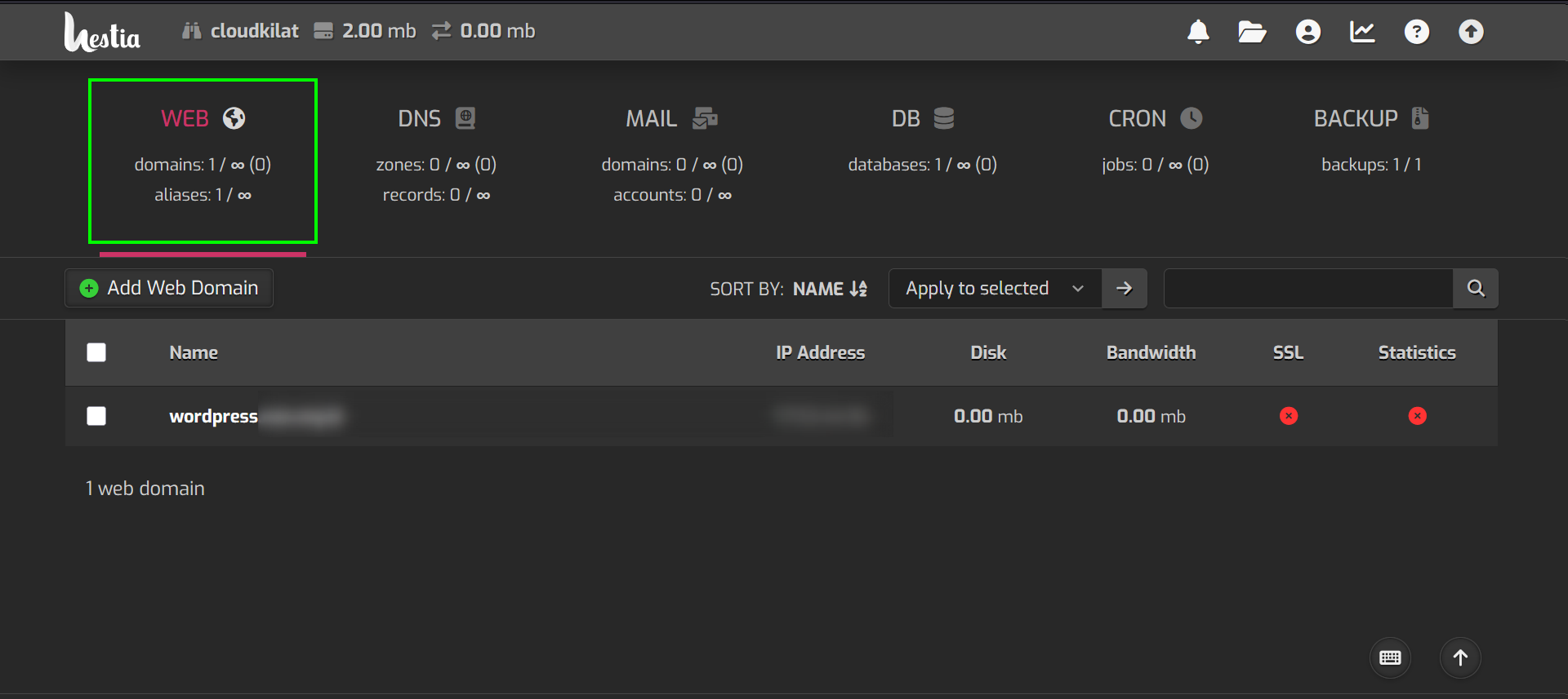 Tampilan menu Web di HestiaCP