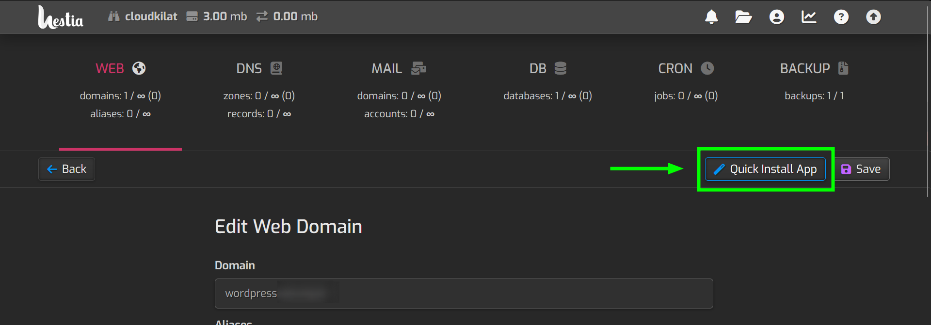 Tombol Quick Install App HestiaCP