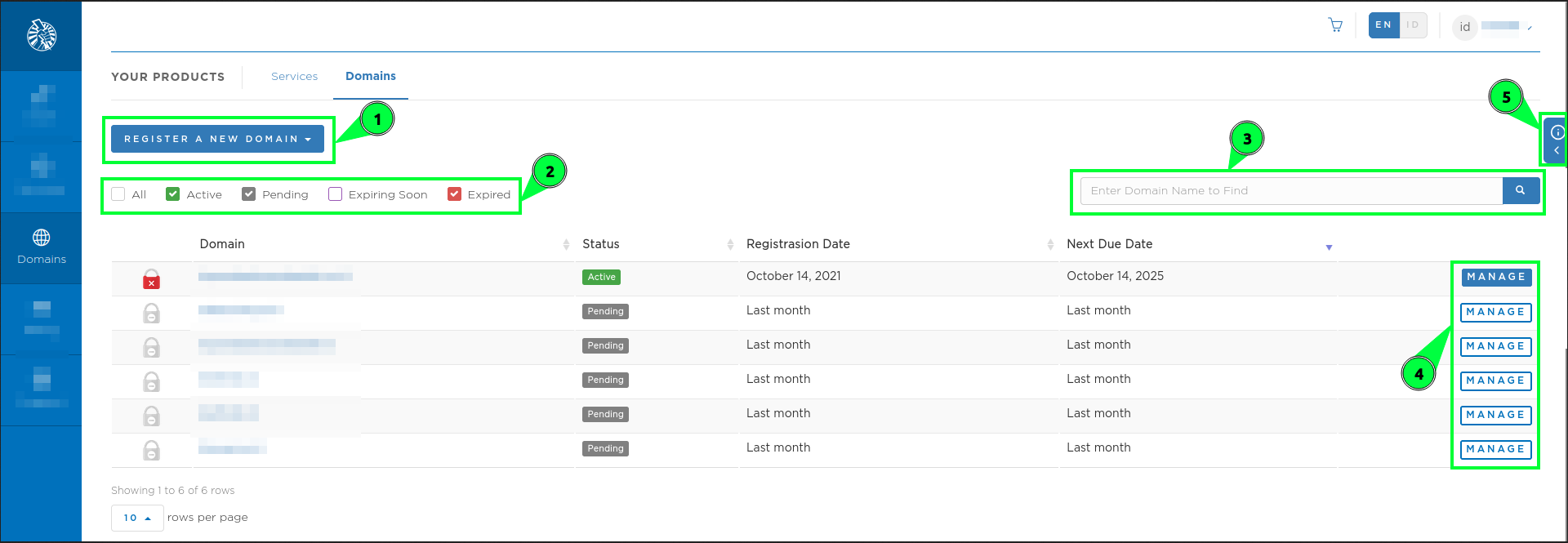 Tampilan Halaman Domains Portal Client CloudKilat