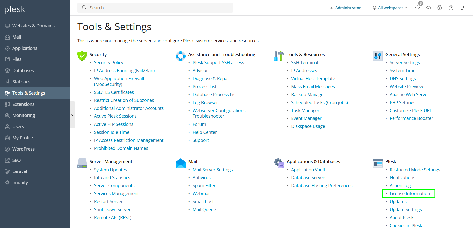 Addon Plesk License Information