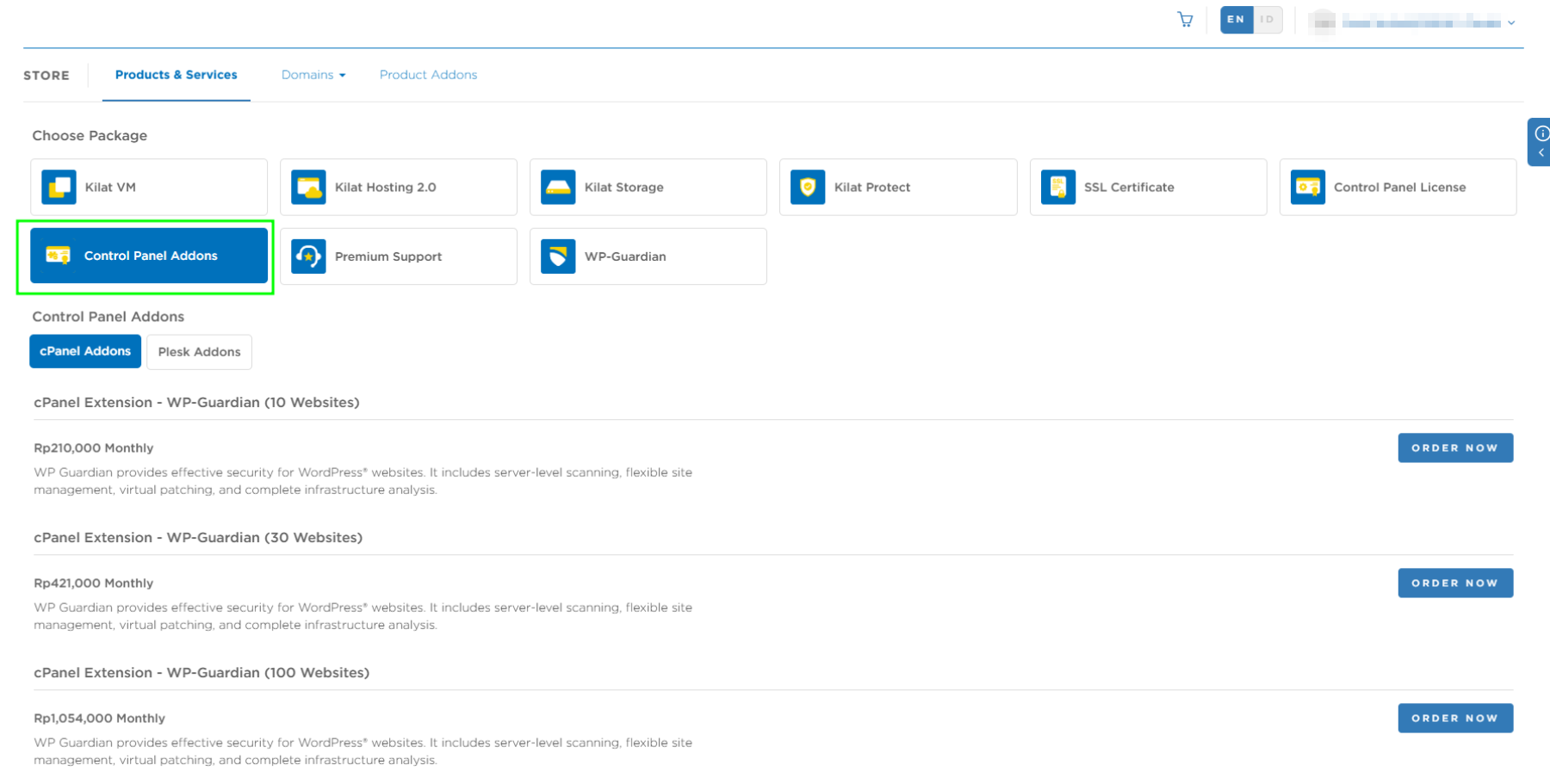 Pilih Control Panel Addons