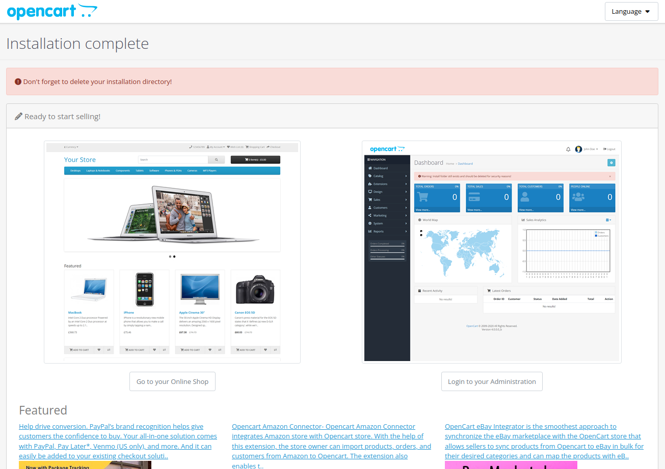 Instalasi OpenCart berhasil