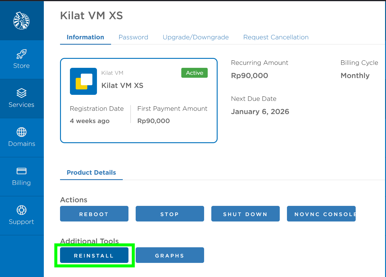 Tombol Reinstall di menu pengelolaan layanan Kilat VM 2.0
