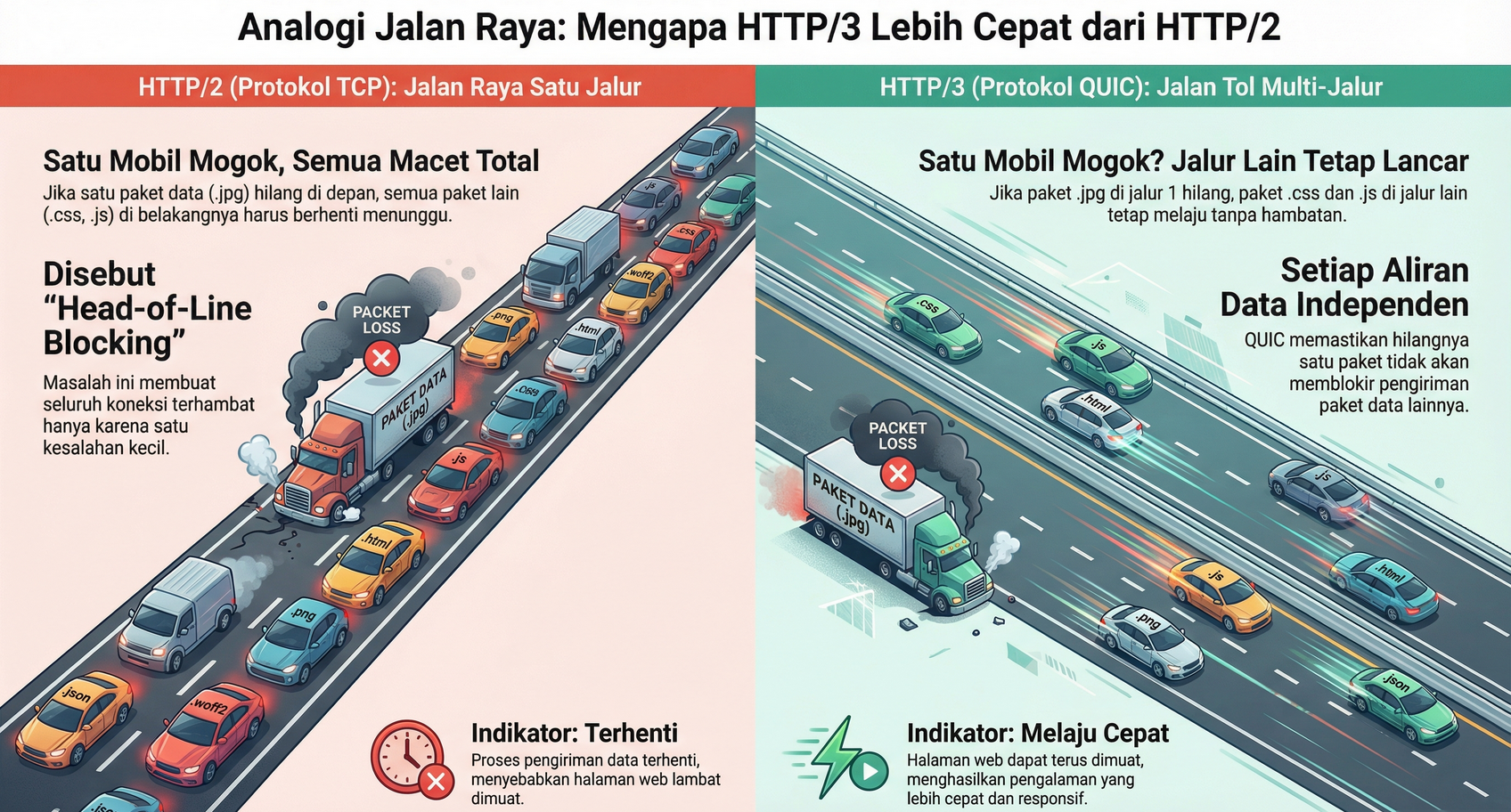 Ilustrasi perbedaan Head-of-Line Blocking pada HTTP/2 TCP dibandingkan dengan aliran independen pada HTTP/3 QUIC