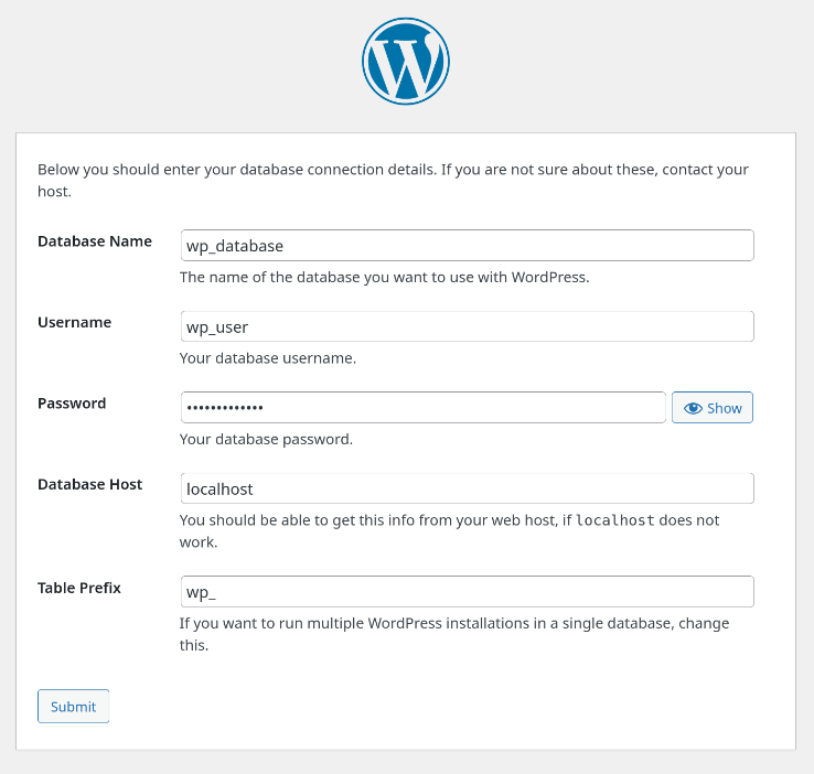 Masukkan database name, username, password