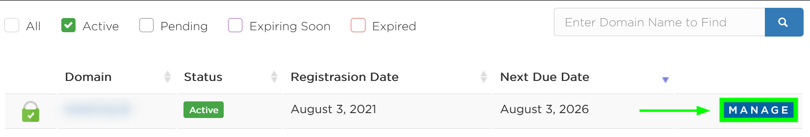 Tombol Manage Domain di Portal Client