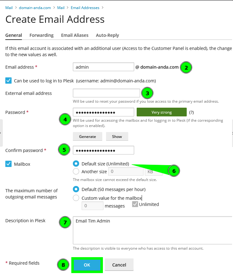 Formulir pembuatan email baru di Plesk