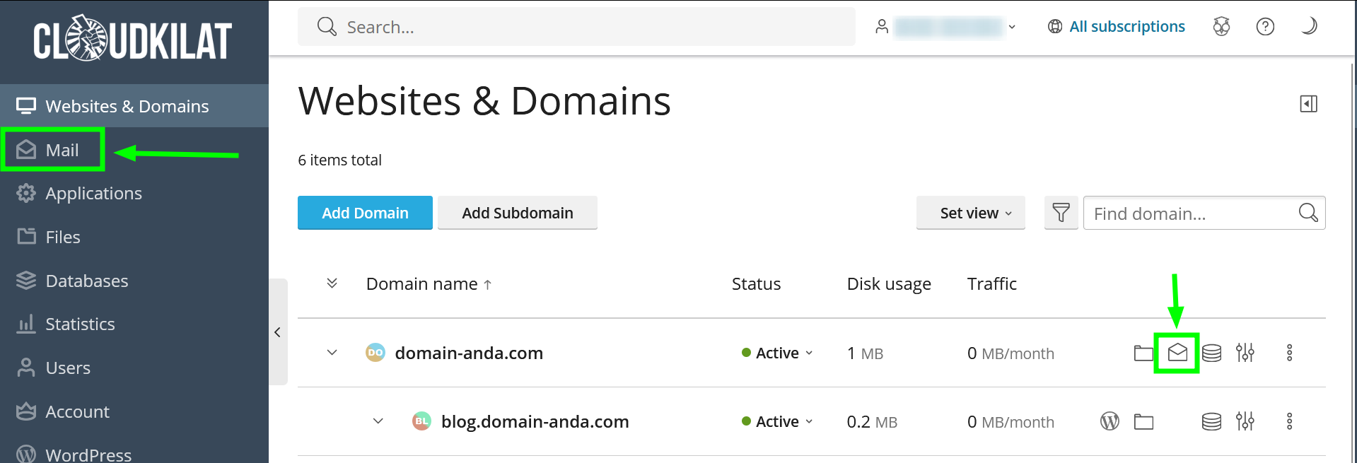 Tampilan menu Mail di sidebar Plesk