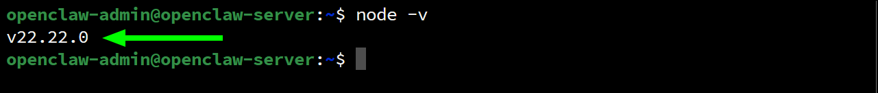 Tampilan terminal menunjukkan versi nodejs v22 berhasil diinstall